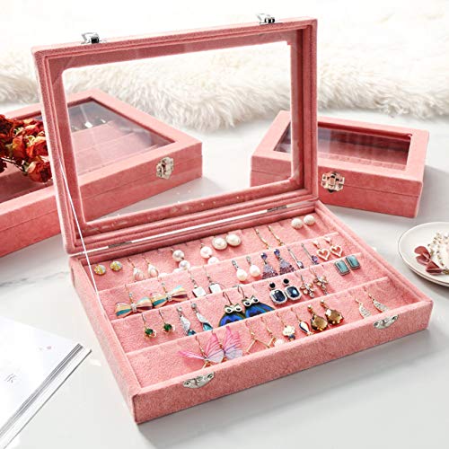 Wuligirl Velvet Clear Lid Jewelry Organizer Box Stackable Jewelry Storage Display Tray Holder Showcase (Earrings) - Thumbnail 2