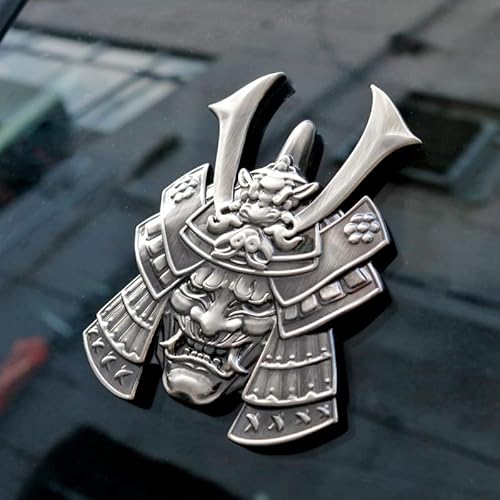 Samurai Metal Car Sticker, Japanese Style Hannya Decal, Demon With Helmet Emblem, Devil Death Skull Zinc Alloy Skull Cool Badge For Automotive, Truck, Motorcycle (Type B - Gun Color) #TOP1
