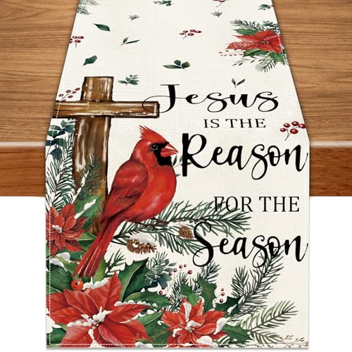 Heirloom Haven Christmas Cardinal Bird Table Runner 13x72 Inch,Winter Poinsettias