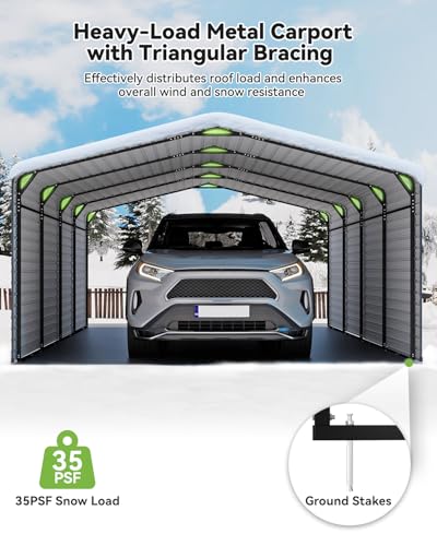 Image of Heavy Duty Metal Carport, 12x20FT Outdoor Carport Canopy with Galvanized Steel Roof and Reinforced Base, Metal Side Panels, Sidewalls, Garage Shelter Shade for Cars, Trucks, Boats, Gray