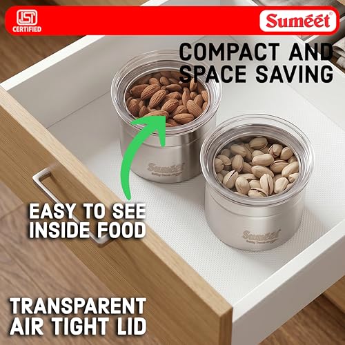 Image of Sumeet ISI Certified Stainless Steel Small Canisters /Dabba /Storage Containers for Kitchen with See Through Air Tight Lid - Set of 2 Pcs - 550ml, 10cm Dia, Silver