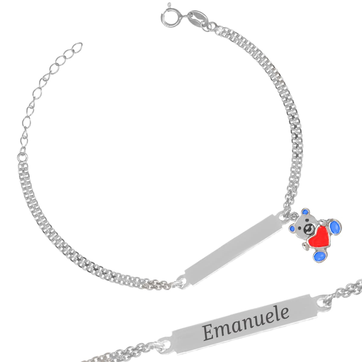 Armband aus 925er-Silber mit Namensschild und emailliertem Bär, Geschenkidee für Mädchen und Jungen, süßes Armband für Geburt, Taufe, Kommunion, Geburtstag