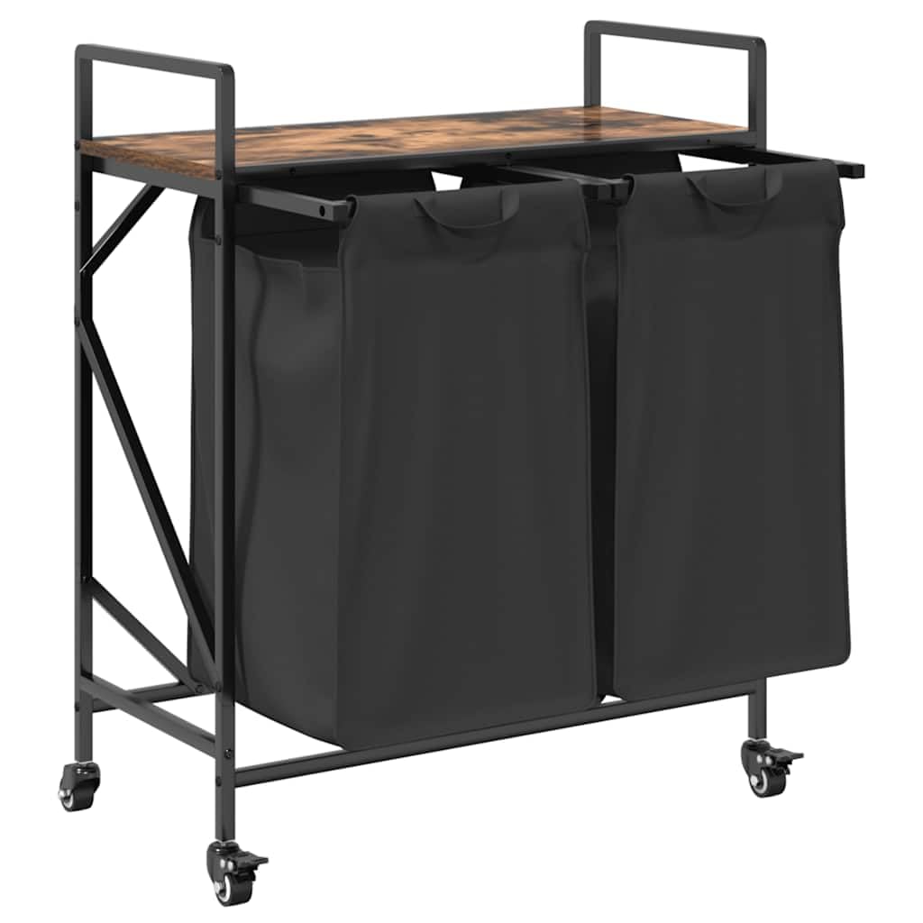 Wäschekorb mit 2 Fächern, Rollen, Räuchereiche, sortierer, platzsparend, mit Deckel, faltbar, für Bad, Schlafzimmer, Waschküche, Kinderzimmer, Haushalt, mit Griff und Trennsystem