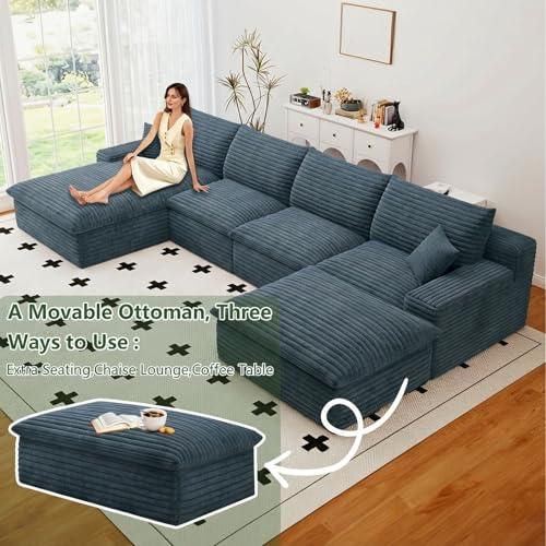 Image of 136 inch Cloud Couch Modular Sectional Sofa for Living Room, U-Shape Boneless Couch with Deep Seat, Modern Corduroy 4-Seater with Ottoman, No Assembly Required (Blue,Left-Facing Chaise)