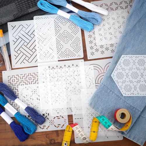 Image of 37 Pcs Sashiko Thread Kit Sashiko Needles Cotton Thimble Sashiko Patterns Embroidery Projects for Sewing Hand Quilting Mending Supplies