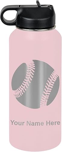 Vista 168 de LaserGram Botella de agua personalizada, pelota de béisbol, acero inoxidable de doble pared aislada al vacío con popote superior, regalo grabado