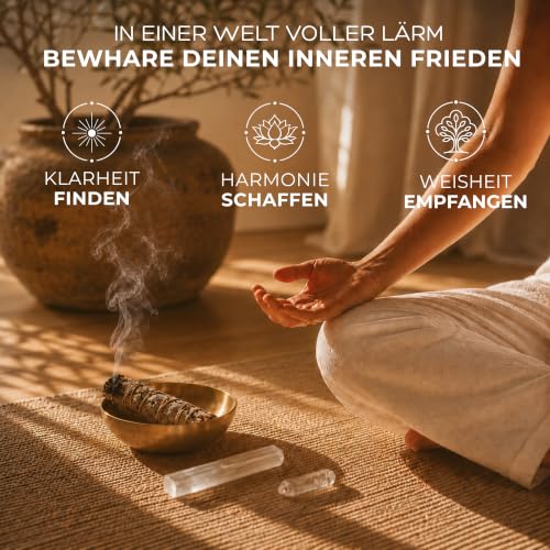 Anima Premium Räucherset – Weißer Salbei Räuchern, Palo Santo Räucherholz, Bergkristall & Selenit mit Räucherschale für Kristalle & Hausreinigung, Meditation & Manifestation