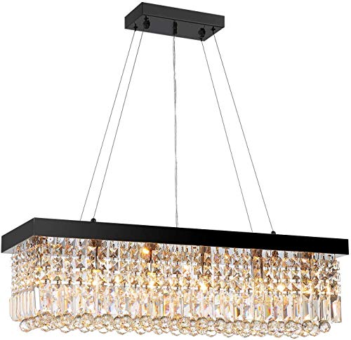 Siljoy Modern Crystal Chandeliers Rectangular, 40" X 10" X 10" Raindrop Chandelier Kitchen Island Light Fixture, Ceiling Chandelier For Dining Room Black #TOP5