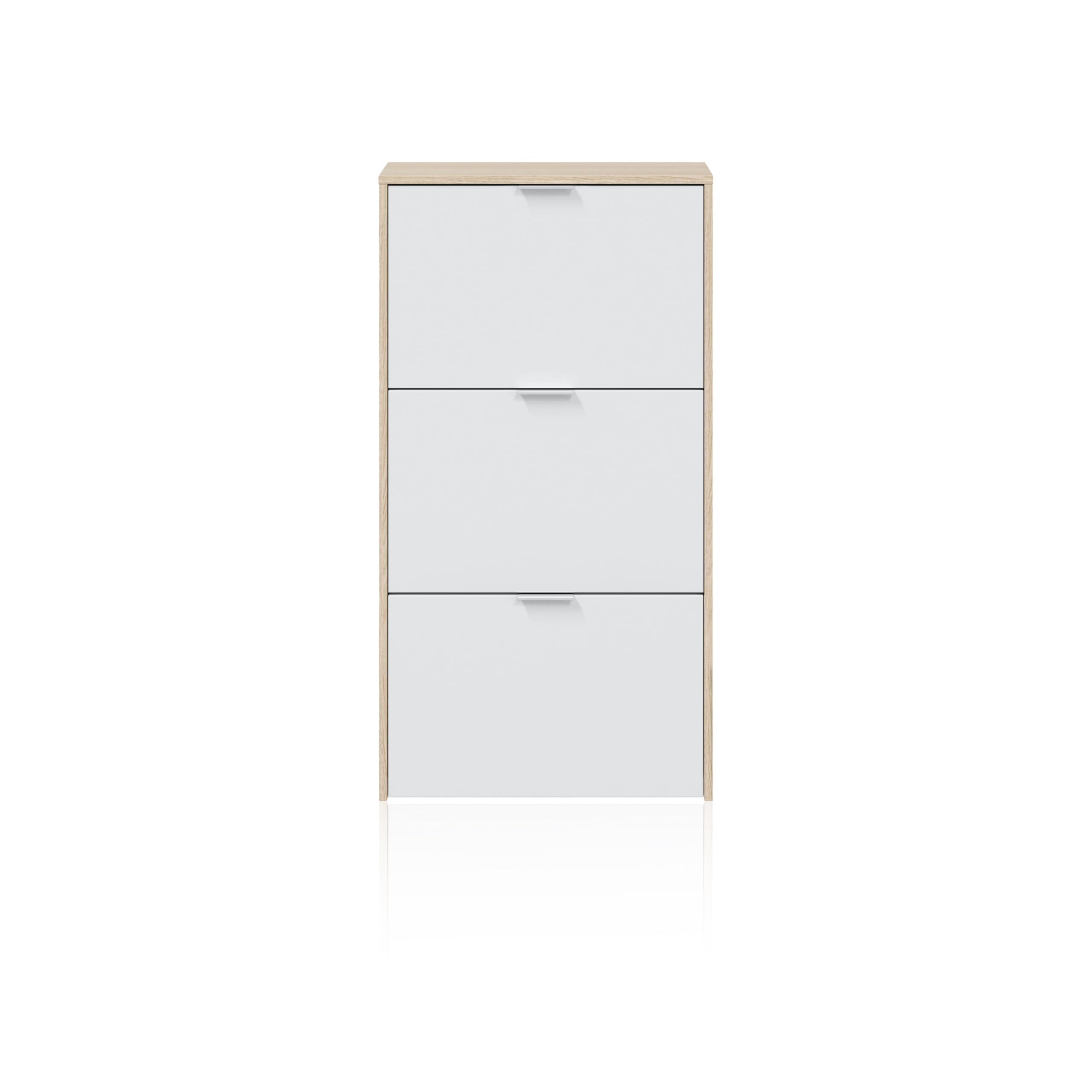duehome | Zapatero 3 Puertas, Zapatero Estrecho, Acabado en Color Blanco Brillo y Roble Canadian, Modelo Remi, Medidas: 60 cm (Largo) x 113 cm (Alto) x 22 cm (Fondo)