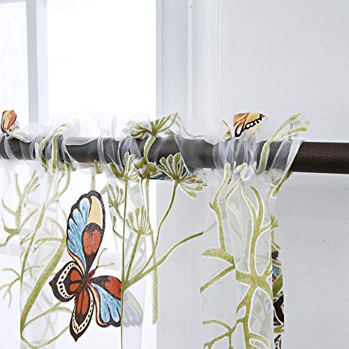 Wubodti Butterfly Sheer Kitchen Tie Up 2 Panels Curtains For Small Windows Tulle Floral Printed Half Window Curtain Sheer Voile Drapes Valance Short Window Treatments For Dining Room, 52W X 36L #TOP4