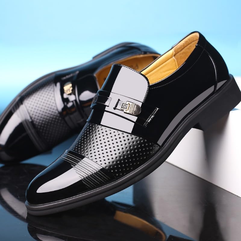 Men's Summer Dress Sandals with Hidden Wedge Glossy Leather Business Formal Office Wedding Shoes Breathable Perforated2