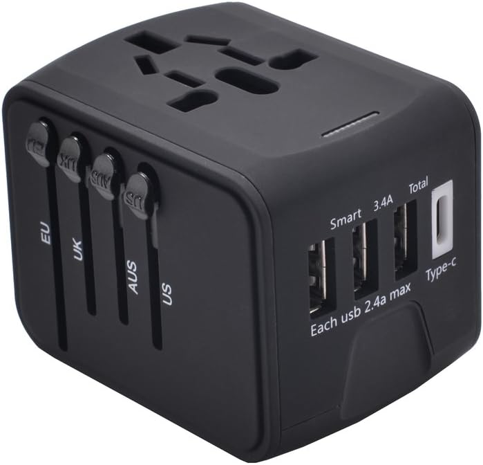 Universal International Travel Adapter All-in-one Power Adapter With 2.4A USB, 3.0A USB Type-C, Europe Adapter Wall Charger for UK, EU, AU, Asia Covers 150+Countries (Black)