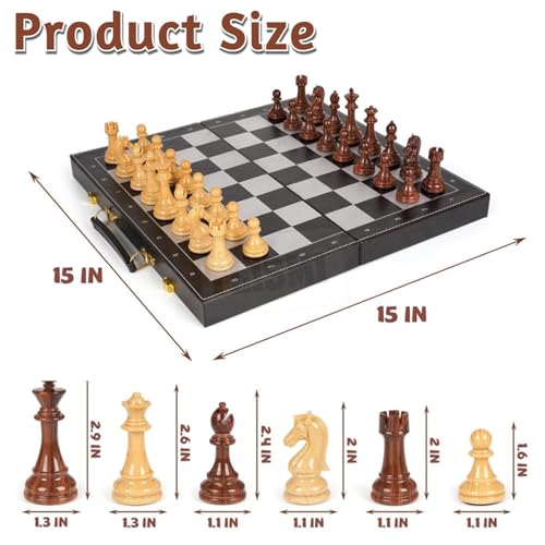 Image of Chess Checkers Backgammon 3 in 1 Board Games for Kids and Adults | Foldable Magnetic Portable Travel & Educational Indoor Activity Game Set | Suitable for Boys and Girls (15 Inches)