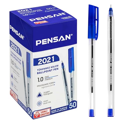 Image of PENSAN Blue Ballpoint Pens,1.0 mm Medium Point, Blue Pens, Ergonomic Triangle Grip, 50-Count Pack of Bulk Pens
