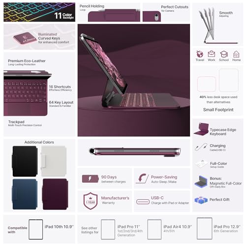 Image of typecase Edge Keyboard Case for iPad 11th Gen A16 (2025) & 10th Gen 10.9 inch (2022) - Multi-Touch Trackpad, 11-Color Backlit Magic-Style Keyboard - Floating Magnetic Stand, Pencil Holder - Raspberry