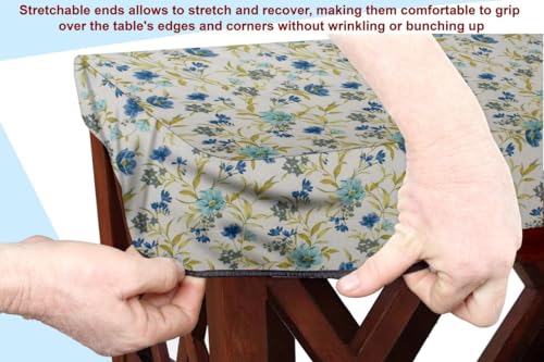 Image of The Furnishing Tree Elastic Cotton Rectangular Center Table Cover 24x36 in Inches Floral Blue Leaf on offwhite Base