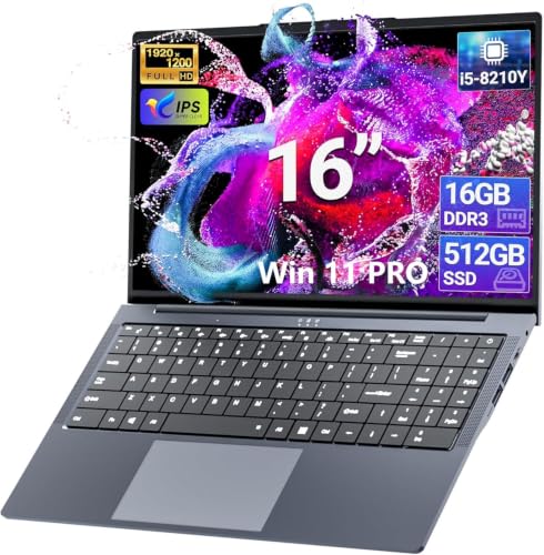Image of 2026 Laptop, 16'' Laptop Computer with Core i5-8210Y Processor (Up to 3.6GHz) 16GB RAM 512GB SSD, UHD Graphics, FHD 1920*1200, WiFi 5, BT 5.0, 180Open Lap Top, Win 11 Pro, Backlit Keyboard