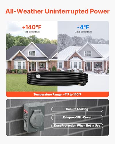 Image of VEVOR 50 Amp Generator Cord and Power Inlet Box, 10FT, 125V /250V STW 6 /3 + 8 /1 AWG Extension Power Cord, NEMA 14-50P to SS2-50R, Twist Lock Connector, Inlet Box Kit, for Generator to House, ETL Listed