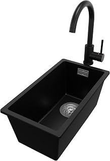 PRIMAGRAN Fregadero bajo Encimera Negro 26x47cm, Granito 1 Seno + Grifo 32x20cm + Sifón, Cocina al Mueble 30cm - London S009