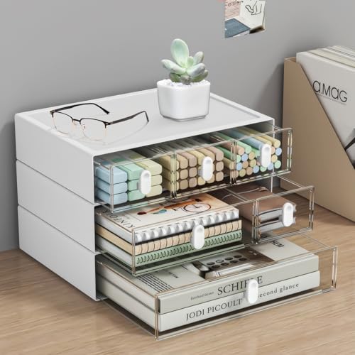 Aissiora デスク収納ボックス 自由に組み合わせ可能 小物入れ 卓上収納ケース 引き出し式 透明 組立不要 ストレージ 化粧品 収納ケース 文房具 デスク収納 書類収納 (白3個セット)
