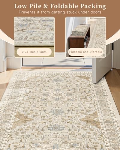 Madane Washable Area Rug 2x3, Small Entryway Rug Non-Slip Vintage Door Mat Indoor Entrance, Low Pile Floor Carpet for Inside Front Door Bedroom Kitchen Entry Laundry (2'x3', Beige/Blue)