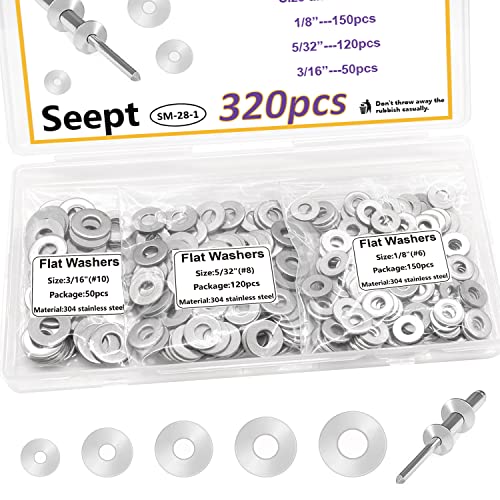Seept 320Pcs Pop Rivet Washers For Blind Rivets Diameter 1/8",5/32",3/16" Backup 304 Stainless Steel Pop Rivet Washer Assortment Kit #TOP8