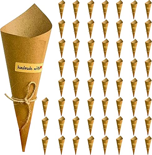 60 Piezas Conos Arroz Boda, Papel Kraft Vintage con Cuerda de Cáñamo Etiqueta Adhesiva, Confeti