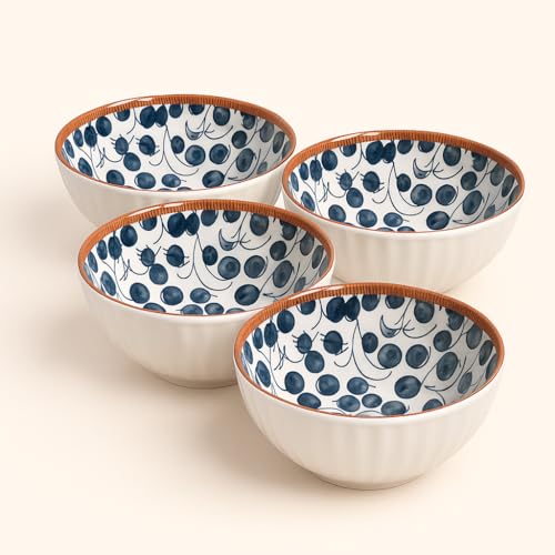 Image of Ribbed Ceramic Bowls Set of 4 - 300ml Serving Bowls for Ramen, Salad, Pasta, Maggi - Decorative Flower Interior - Microwave & Dishwasher Safe