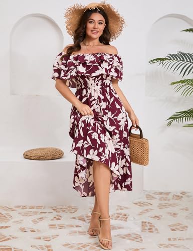 Image of KOJOOIN Women Plus Size Off Shoulder Maxi Dress Ruffle Flowy Casual Summer Boho Long Dresses