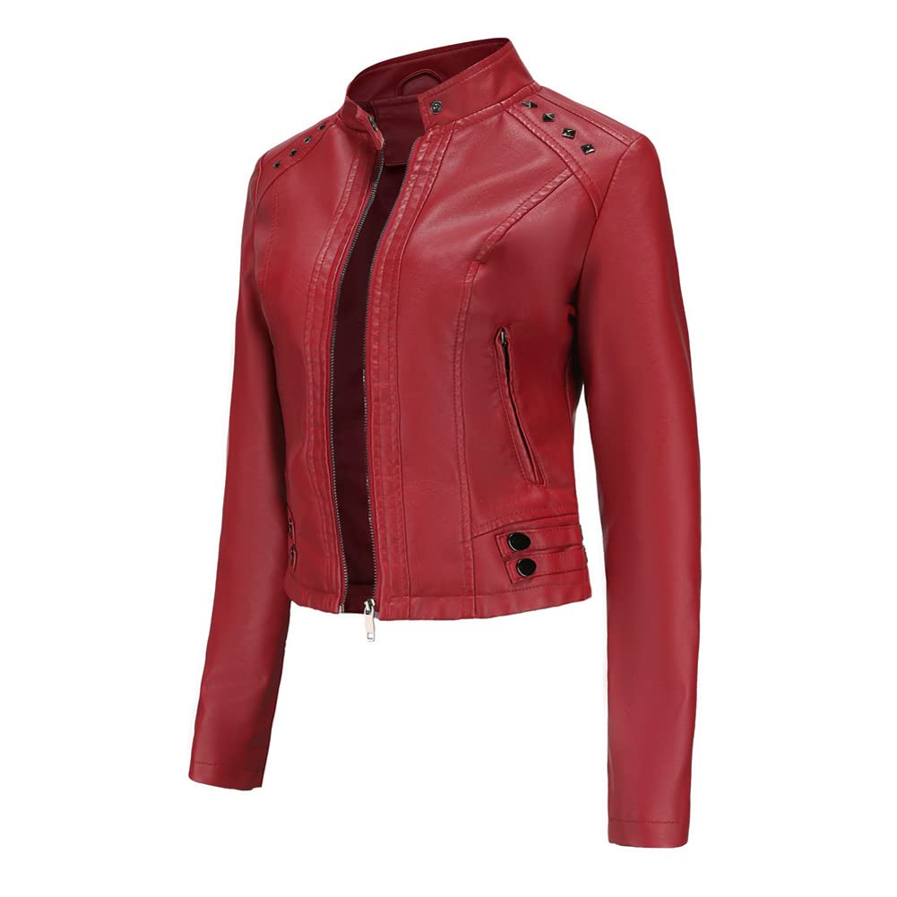 Giacca corta da donna in pelle PU manica lunga top donna sottile stand collare moda giacca. rosso-XXL