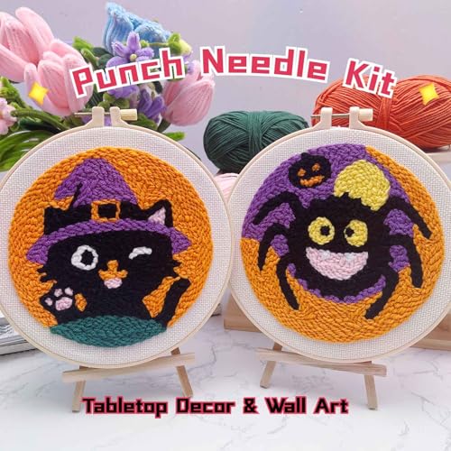 Image of Halloween Punch Needle Kit for Adult Beginner, Easy Punch Embroidery Starter Set with Instruction, Fun DIY Needle Point Craft for Home Decor & Holiday Gift Idea(2pcs Cat & Spider)