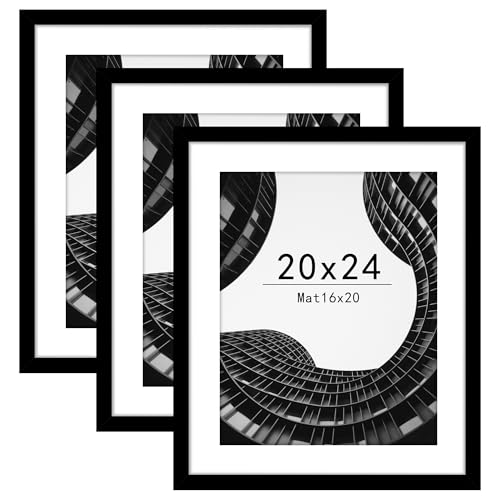 Abtgt 20x24 Picture Frame Set of 3, Display Pictures 16x20 with Mat or 20x24 Without Mat, Poster Frame for Wall Mounting Display, Black