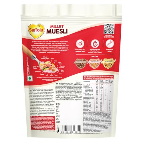 Image of Saffola Millet Muesli with Crunchy Flavour Pops & High Fibre | 650g | Fruit Crunch | 81% Fruits, Seeds & More | Power of Millet | Goodness of 5: Protein, Fibre, Vitamins, Iron & Jowar