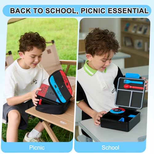 Image of Gamer Bento Lunch Box for Kids, 60 OZ Kids Lunch Box with 8 OZ Leakproof Stainless Steel Insulated Food Jar, 3-4 Compartments Bento Box for School, Includes Sauce Cup & Divider (Blue-Red-A)