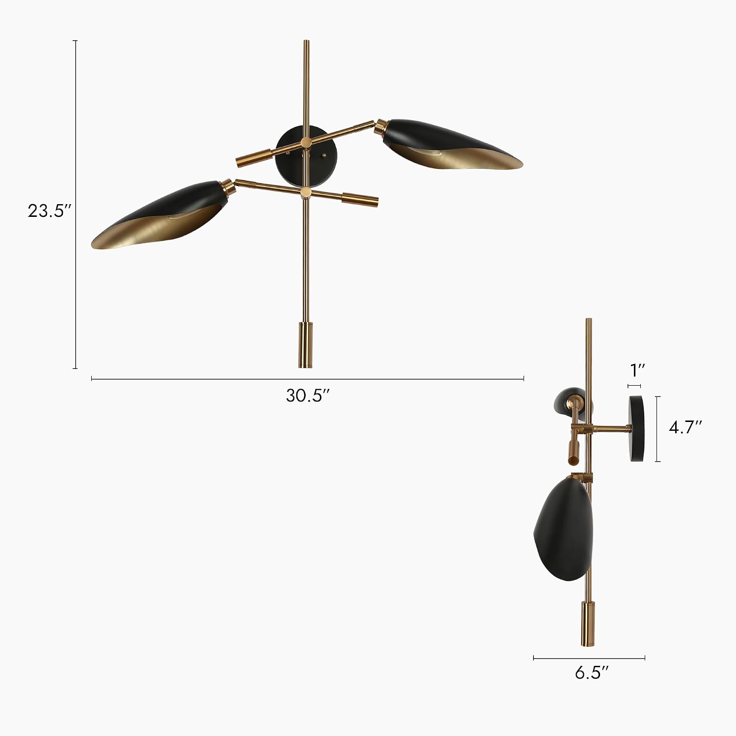 KSANA Modern Black and Gold Wall Sconce, 2-Light Adjustable Brass Wall Light for Bedroom, Hallway and Living Room