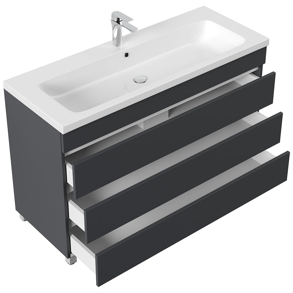 Lomadox Waschtisch 120 cm grau stehend mit 3 Schubladen