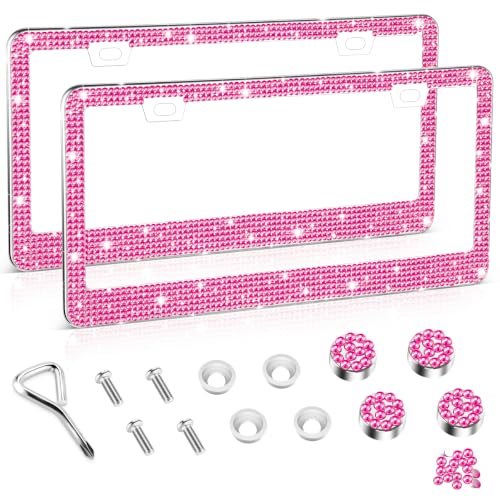 Image of Amiss Bling License Plate Frame for Women, 2Pack Rhinestone Handcrafted Crystal Premium Stainless Steel, Stainless Steel Car Decorative Accessories with Diamond Sparkle Glitter Caps (Hot Pink)