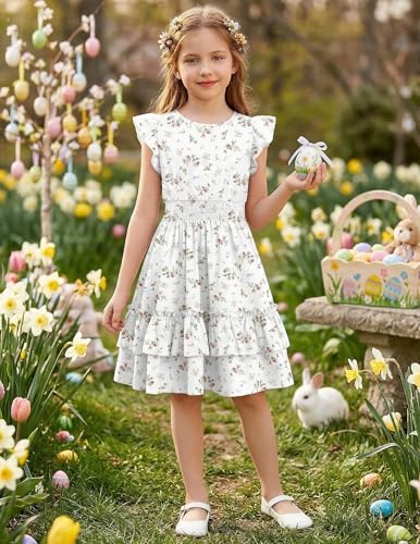 Image of Arshiner Girls Dresses Flutter Sleeve A-Line Sundress Casual Summer Tiered Swing Midi Pocket Dress