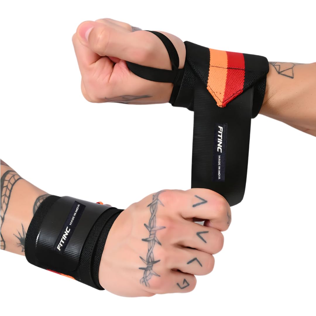 fitinc weight lifting wrist support for men & women with thumb loop strap for gym & workout - made of premium velcro and elastic band | black - neon orange