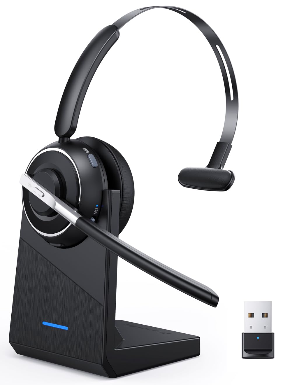 Wireless Headset with Mic for Work Bluetooth Headset with Microphone for PC | Noise Cancelling Mic USB Dongle Charging Base Mute Button for Computer Laptop Phone Work from Home Office Call Center Trucker