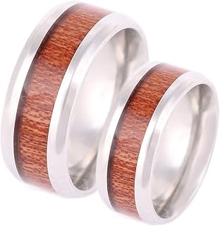 Anillo Parejas,Anillos Pareja Personalizables Anillos de Compromiso Acero Inoxidable 8MM Anillo Plata Marrón con Grano de Madera Anillo Boda Pareja