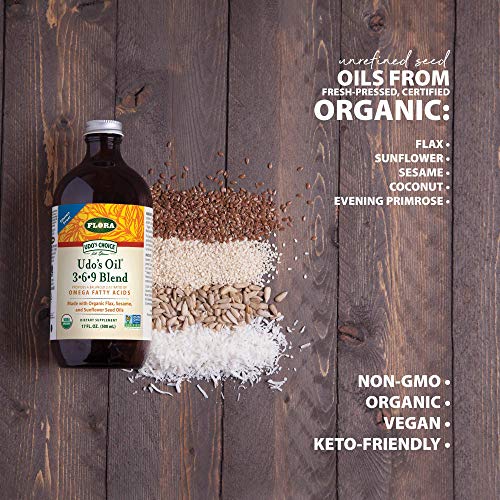 Flora - Udo's Choice Omega 369 Oil Blend, Made With Organic Flax, Sesame & Sunflower Seed Oils, Plant-Based Vegan Omega Fatty Acids, Based On Ideal 2:1:1 Ratio, 17-Fl, Oz. Glass Bottle #TOP1