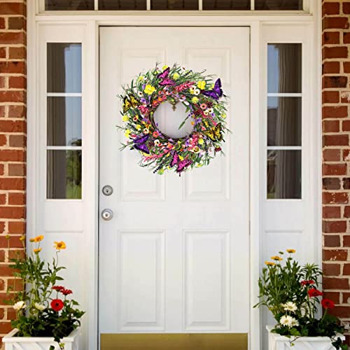 Spring Wreaths For Front Door, 24'' Spring Summer Wreath, Artificial Daisy & Lavender Wreath With Butterflies & Light String, Natural Vine Wreaths For Front Door Indoor Outdoor Home Wall Window Room #TOP6