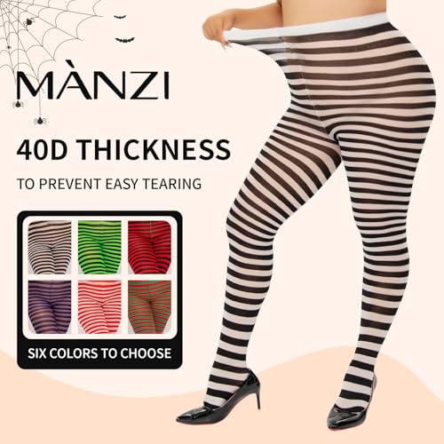 MANZI 2 Pairs Women's Plus Size Colored Striped Tights 40D Nylon Striped Pantyhose for Halloween Christmas3