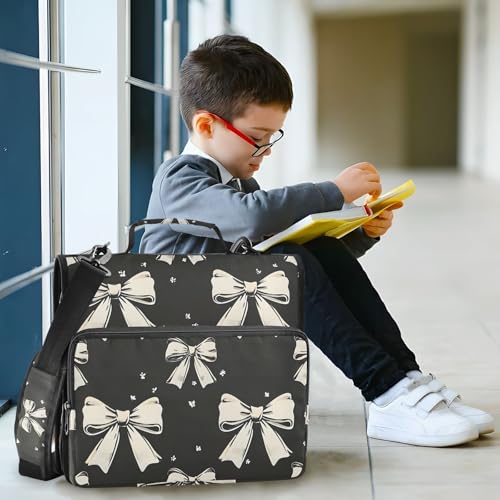 Image of 3 Ring Zipper Binder with Shoulder Strap Black White Bow 1.5 inch Binders Keeper Large Capacity Multi Pockets for School Office Supplies