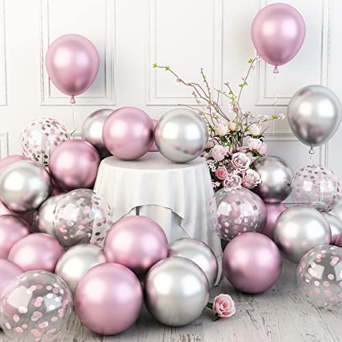 Metallic Balloons, 15PCS 12 Inch Light Purple Silver Metallic Balloons with Pink Confetti Balloons, Thicken Chrome Latex Metallic Balloons for Birthday Wedding Baby Shower Graduation Party Decoration