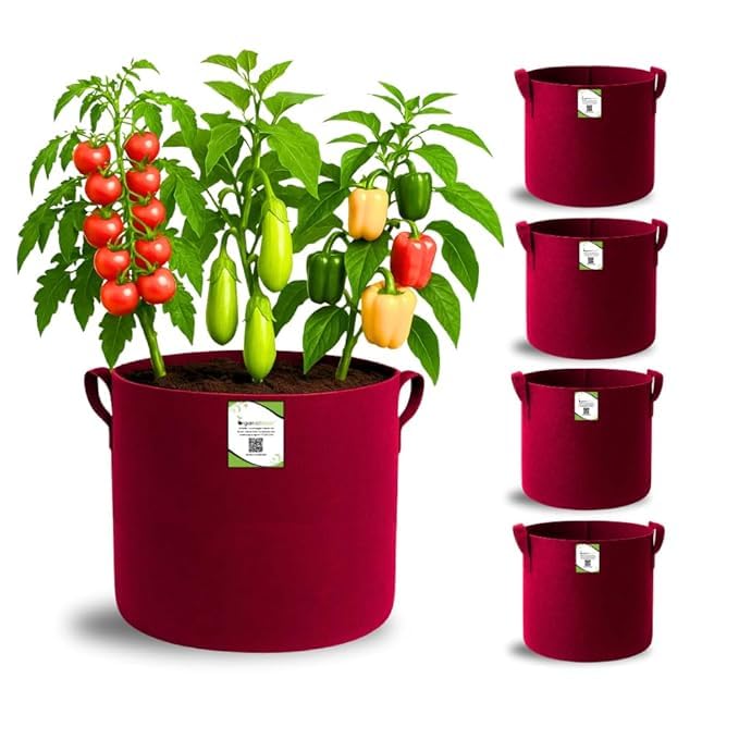 Image of OON Geo Grow Bag for Terrace and Flowers Vegetable Gardening, Premium Geo Fabric 450 GSM Plant Bags, Maroon Color, Eco Friendly Geo Fabric (5, Maroon, 12X12 INCH)