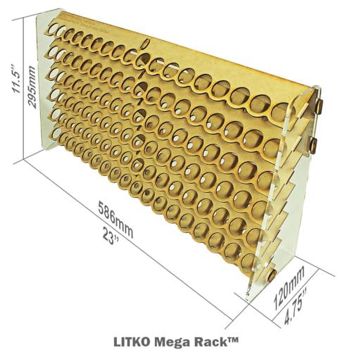 Image of Paint Rack | Holds 108 18mL Dropper Bottles | Wall Mount | Workbench | Fits Vallejo, Army Painter, & 26mm paints | 24x12x4in acrylic & MDF | Store bottles upright or inverted | No-glue tab-&-slot