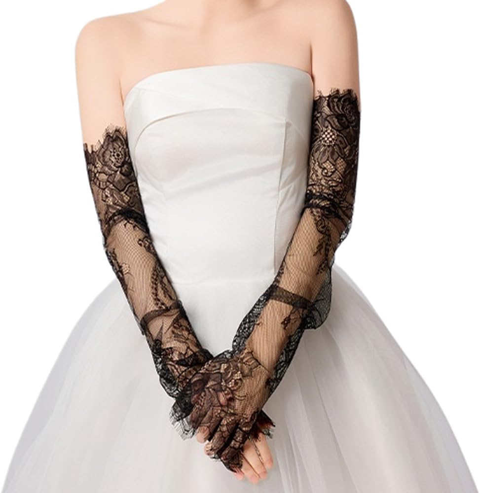 Mrotrida Women's Fingerless Lace Long Bridal Gloves Removable Hollow Out Sheer Arm Sleeves Tulle Solid Color Wedding Gloves（Black-1）