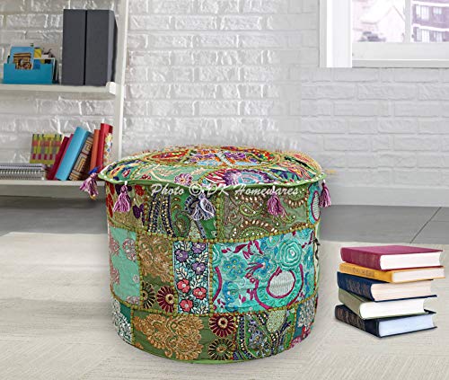DK Homewares Indischer runder Hocker Grün Patchwork Bestickte Baumwolle Möbel Cover Dekorative Osmanische Fußstütze… – Bild 4